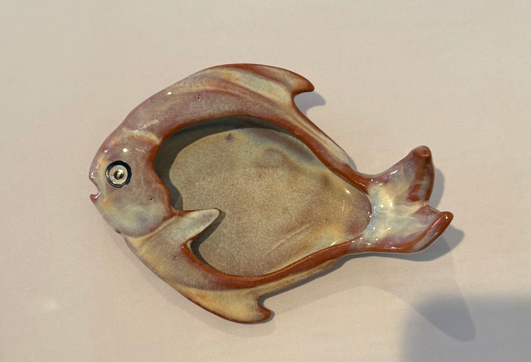 Catalina Island Fish Ashtray, dark Monterey Brown glaze with origninal paint details