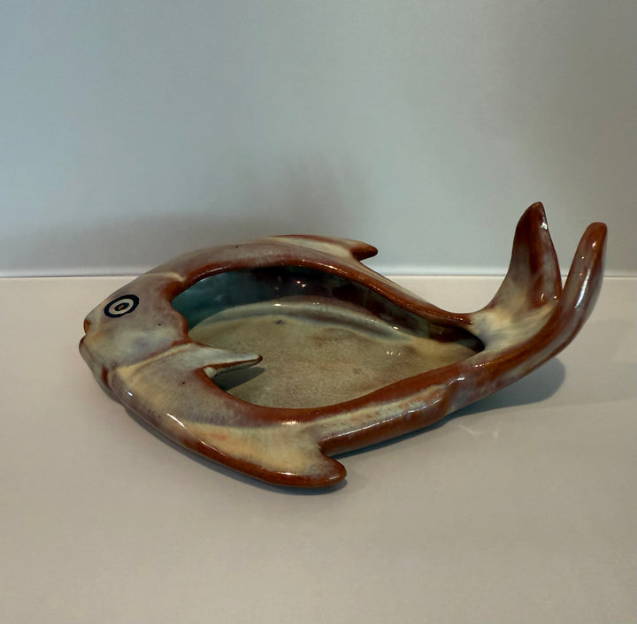 Catalina Island Fish Ashtray, dark Monterey Brown glaze with origninal paint details