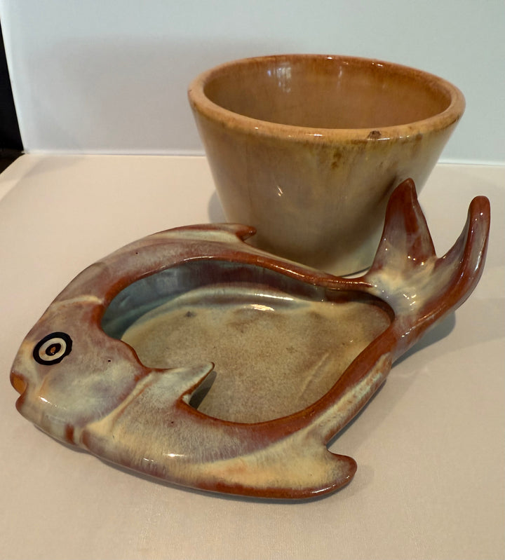 Catalina Island Fish Ashtray, dark Monterey Brown glaze with origninal paint details