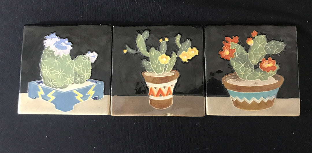 Set of 3 Rare Claycraft Cactus Tiles, Iron tabletop holder
