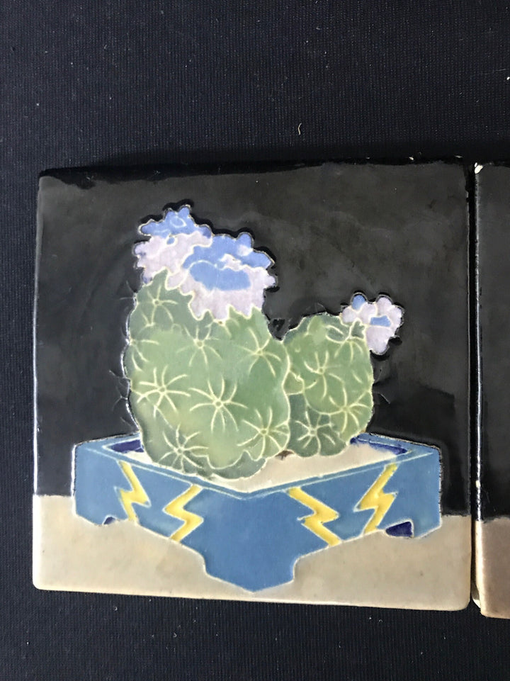 Set of 3 Rare Claycraft Cactus Tiles, Iron tabletop holder