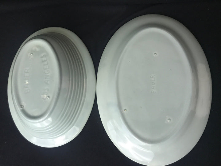 Set of 2 Bauer Oval Serving Platter and Dish, Light Green-Grey, rare color