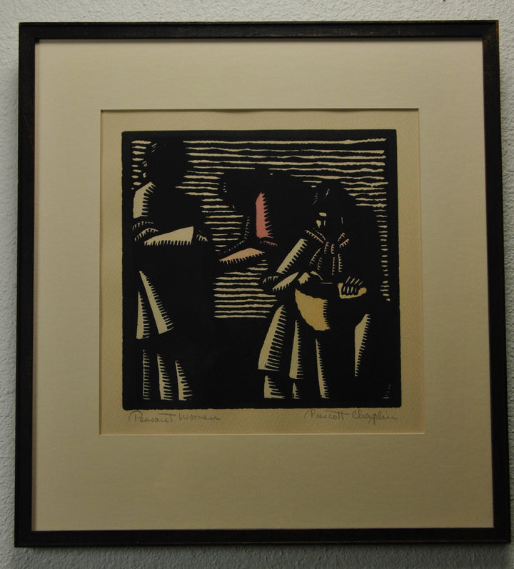 Wood Cut Etching Block Print by Prescott Chaplin. Titled "Peasant Woman".