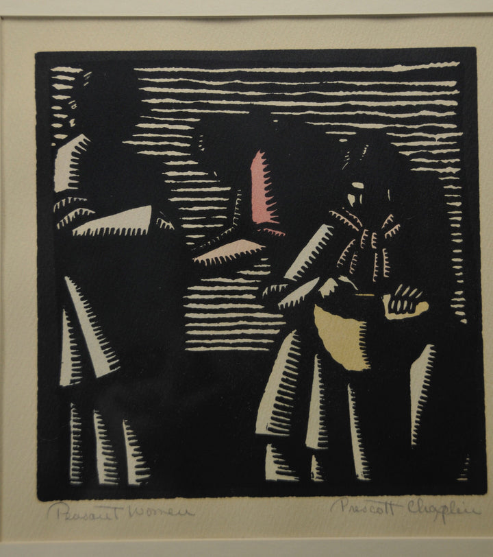 Wood Cut Etching Block Print by Prescott Chaplin. Titled "Peasant Woman".