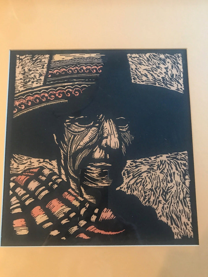 Wood Cut Etching Block Print by Prescott Chaplin, "The Mask"