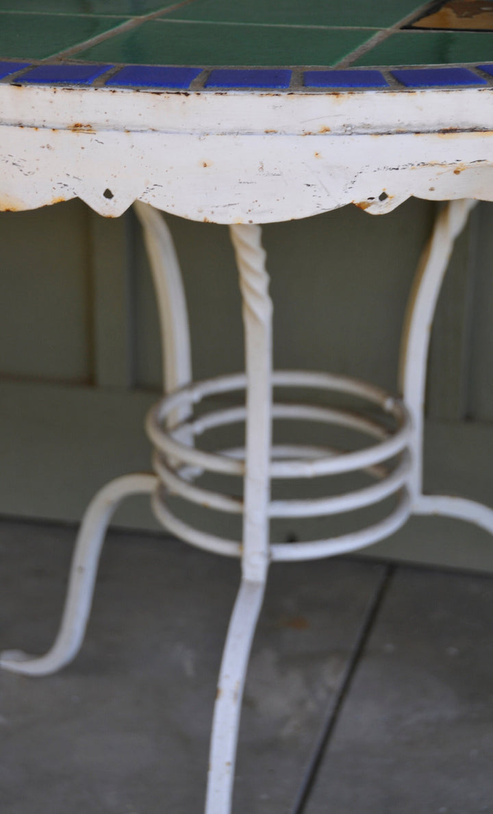 Huge San Jose Tile Patio Table, Wrought iron base, all original.