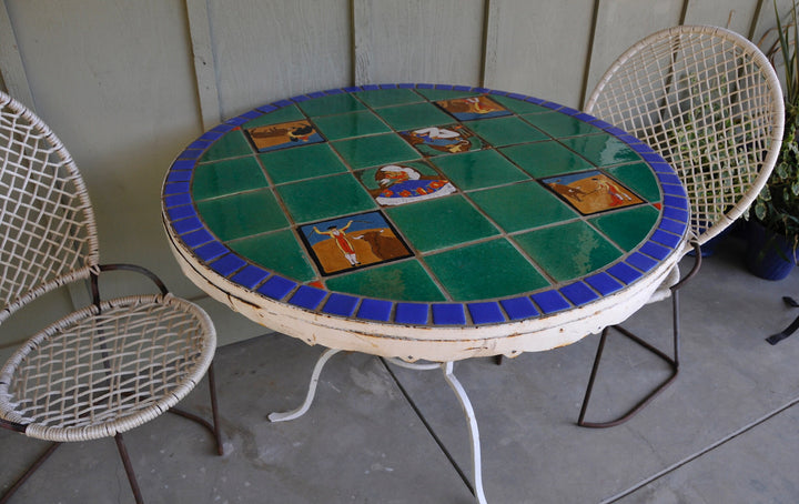 Huge San Jose Tile Patio Table, Wrought iron base, all original.