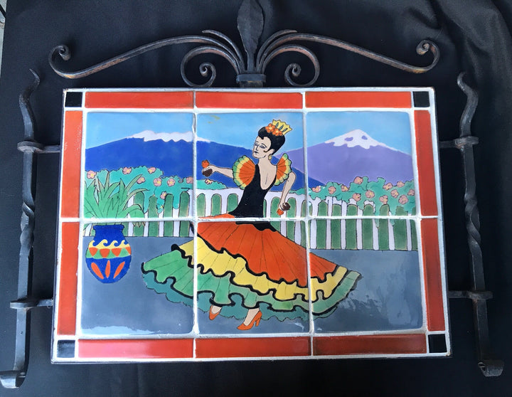 San José Workshops Scenic Tile Mural, Señorita Dancer, Wrought Iron