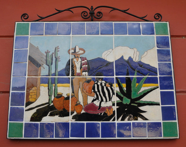 Lamosa Pottery Vendor Tile Mural, wrought iron framework