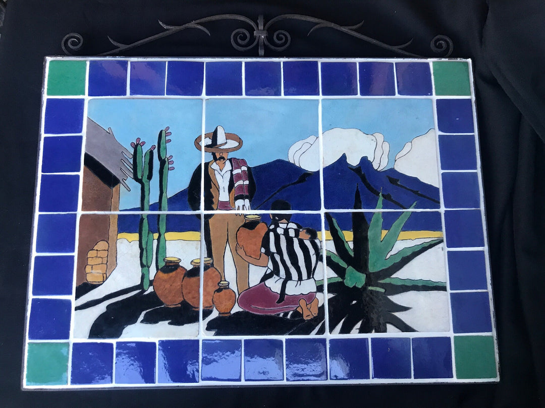 Lamosa Pottery Vendor Tile Mural, wrought iron framework