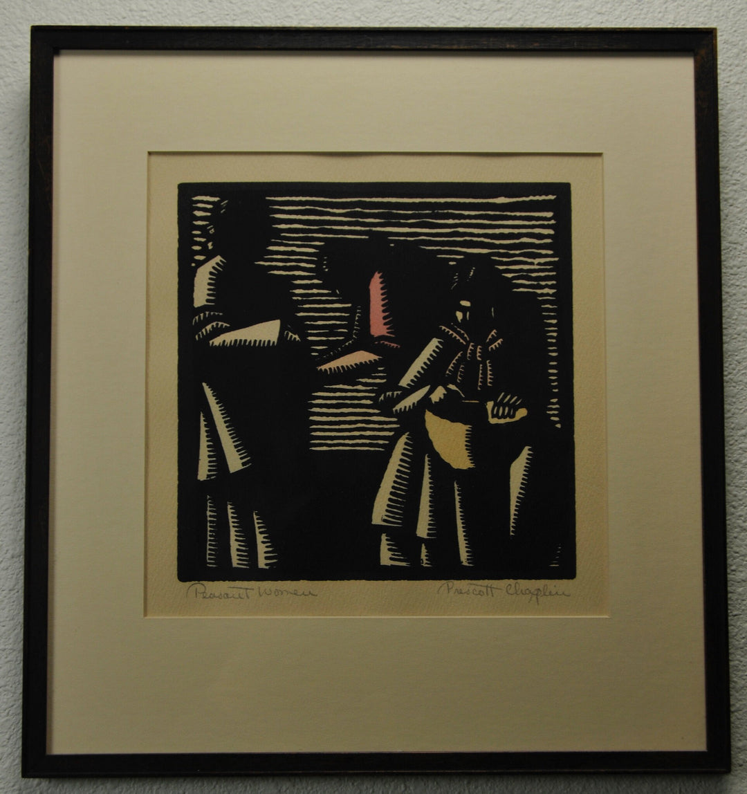 Wood Cut Etching Block Print by Prescott Chaplin. Titled "Peasant Woman".
