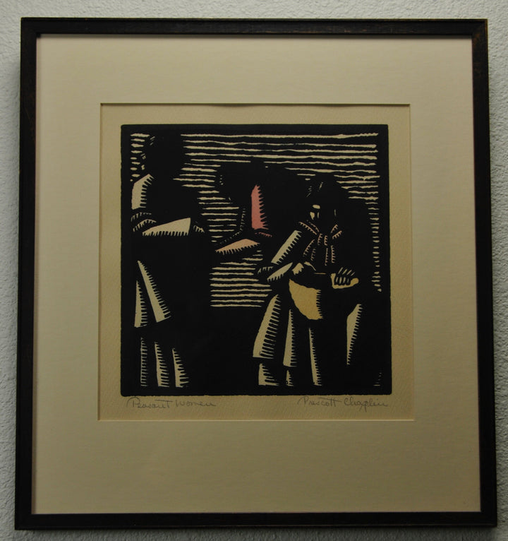 Wood Cut Etching Block Print by Prescott Chaplin. Titled "Peasant Woman".