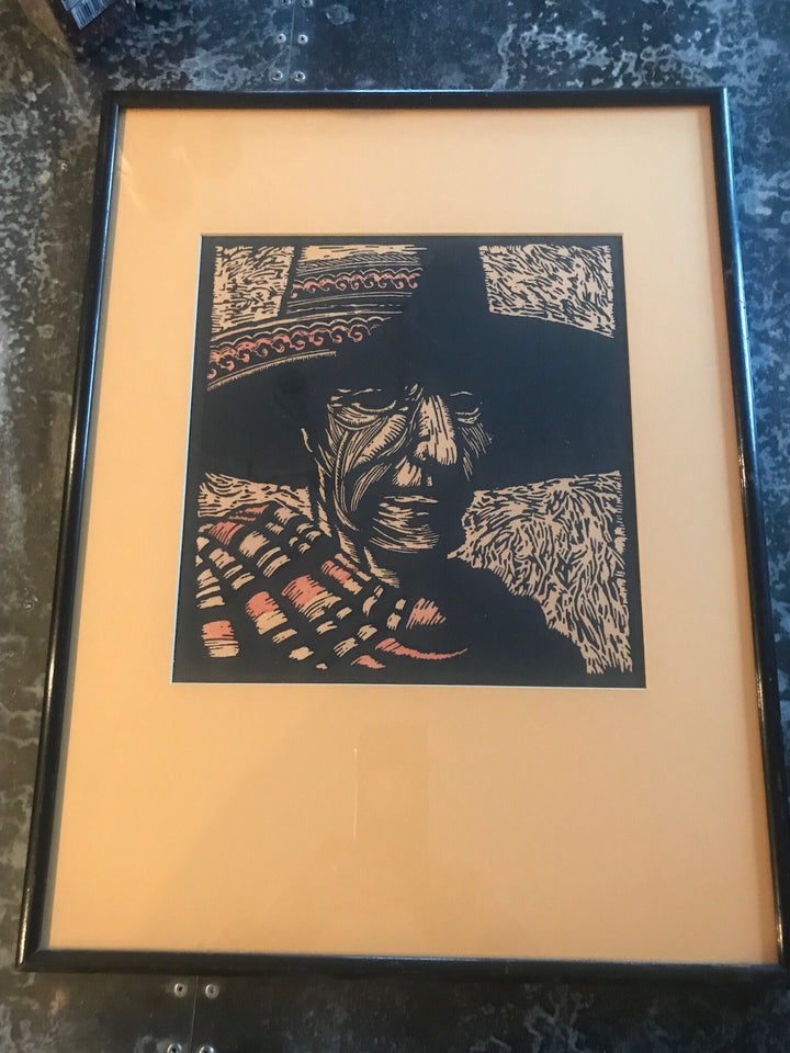 Wood Cut Etching Block Print by Prescott Chaplin, "The Mask"