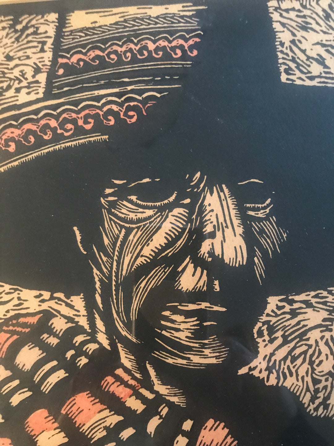 Wood Cut Etching Block Print by Prescott Chaplin, "The Mask"