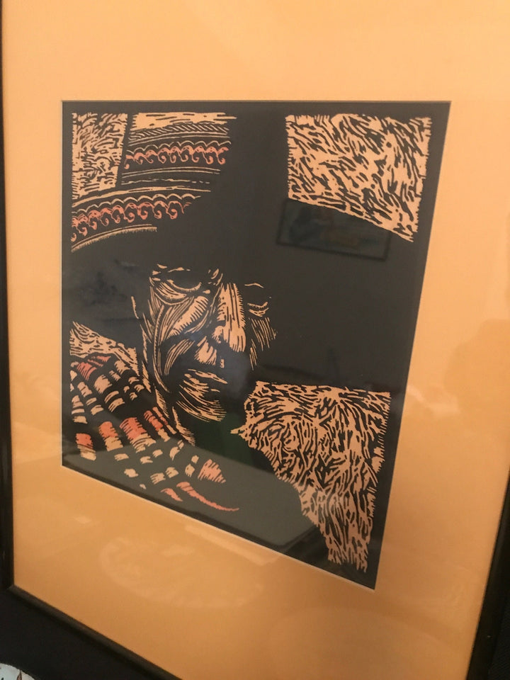Wood Cut Etching Block Print by Prescott Chaplin, "The Mask"