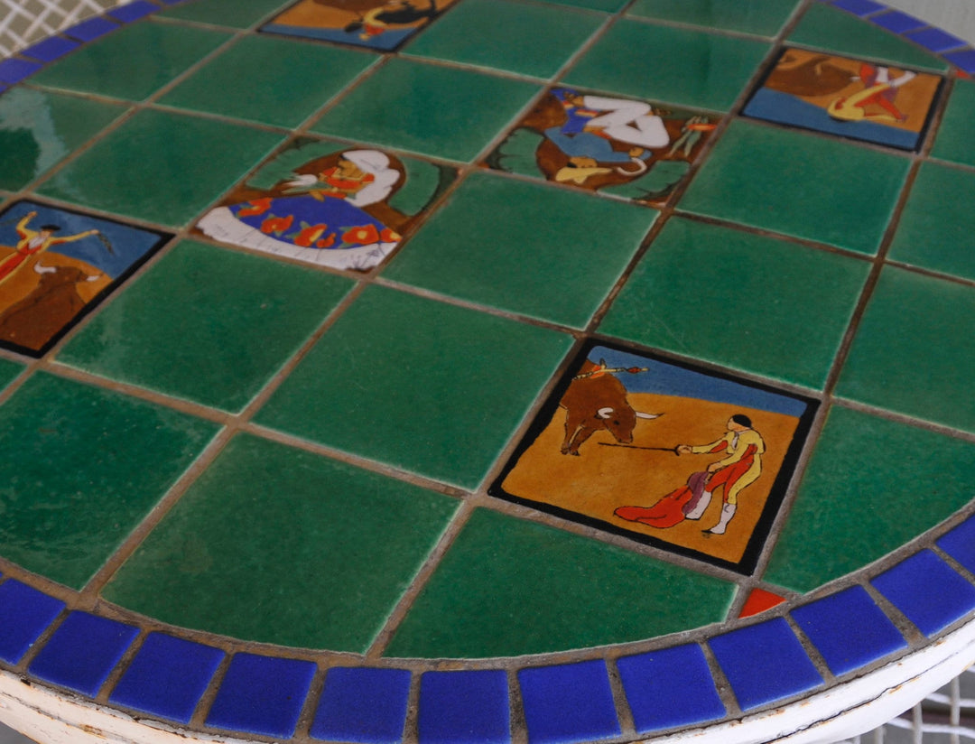 Huge San Jose Tile Patio Table, Wrought iron base, all original.