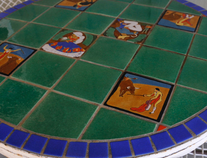 Huge San Jose Tile Patio Table, Wrought iron base, all original.