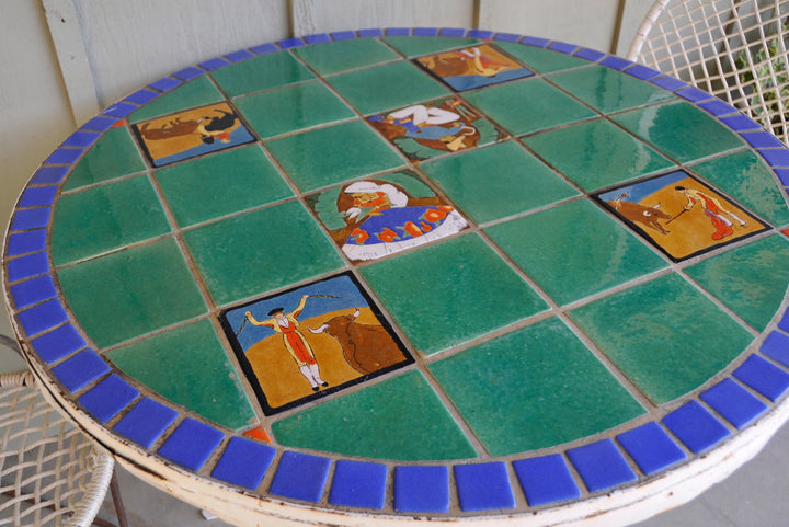 Huge San Jose Tile Patio Table, Wrought iron base, all original.