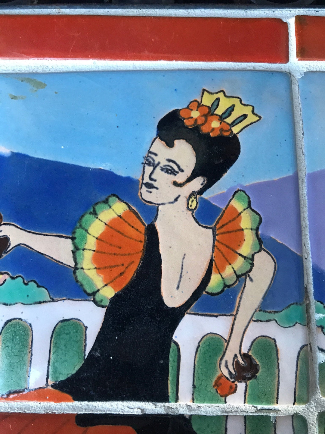 San José Workshops Scenic Tile Mural, Señorita Dancer, Wrought Iron