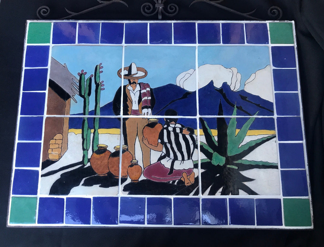 Lamosa Pottery Vendor Tile Mural, wrought iron framework