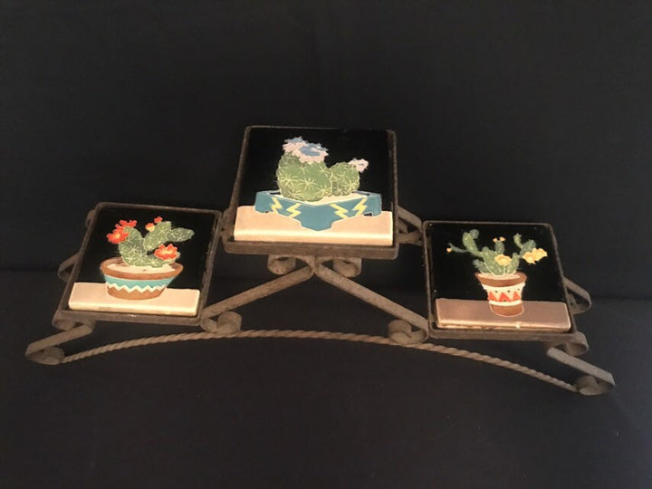 Set of 3 Rare Claycraft Cactus Tiles, Iron tabletop holder