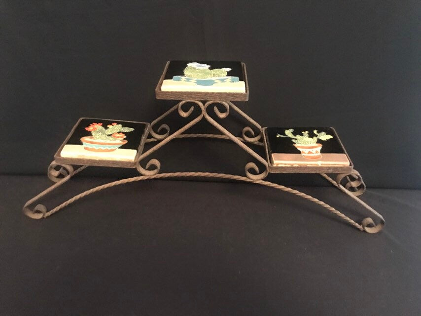 Set of 3 Rare Claycraft Cactus Tiles, Iron tabletop holder