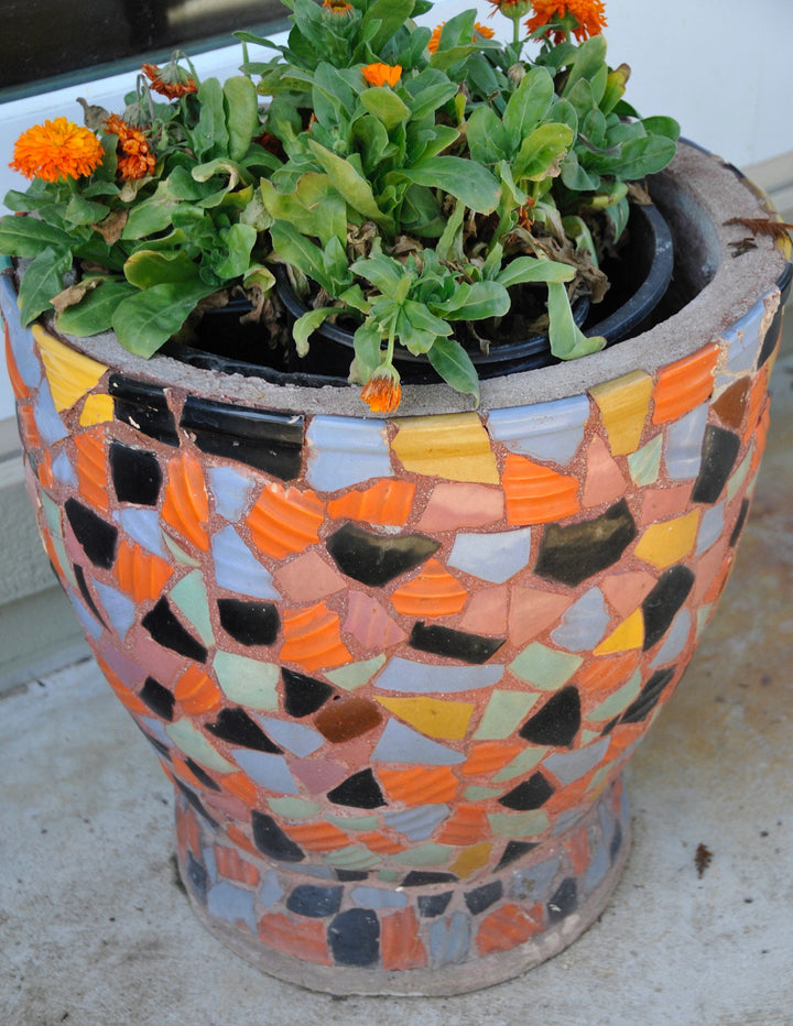 Pair of Hillside Pottery Porch pots, California Rainbow shards