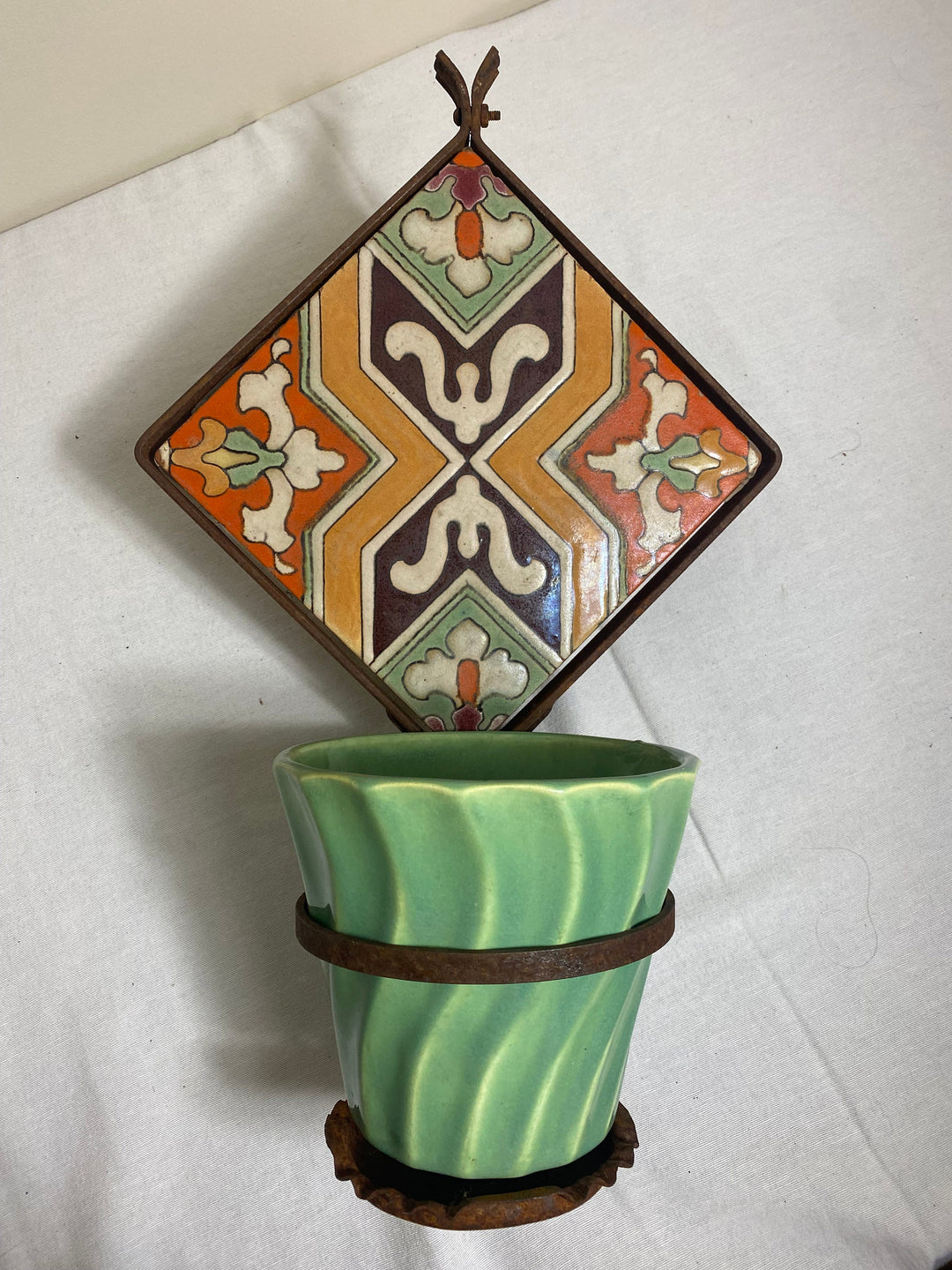 Vintage Malibu Potteries Tile Wall Planter with Bauer flower pot