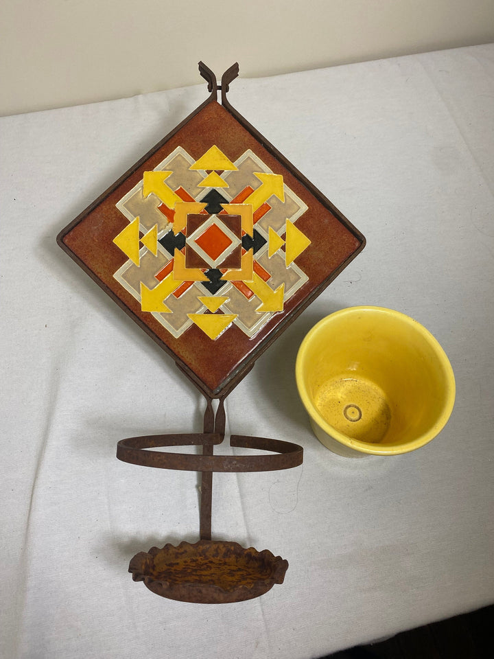 Vintage Claycraft 8" Tile Wall Planter with Bauer flower pot