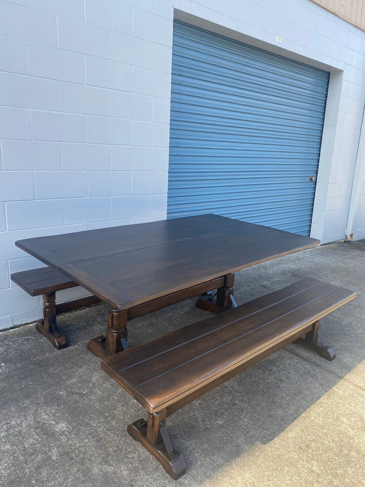 Rare Coronado Flip top Dining set, 2 benches, dark finish