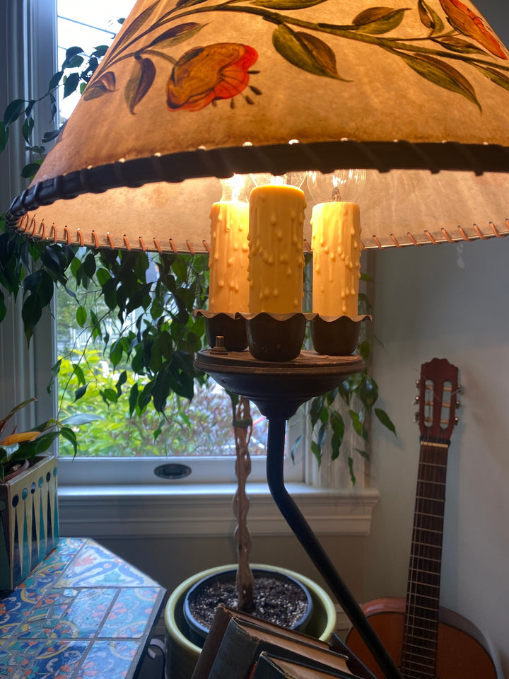 Monterey Furniture Floor Lamp & leather bookshelf, Custom shade