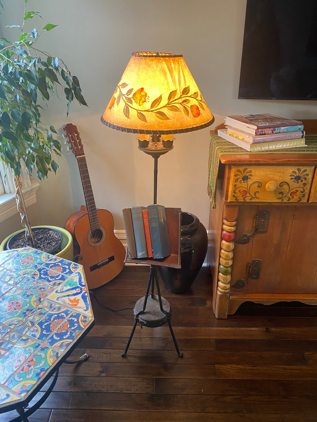 Monterey Furniture Old Wood Floor Lamp & bookshelf, Custom shade