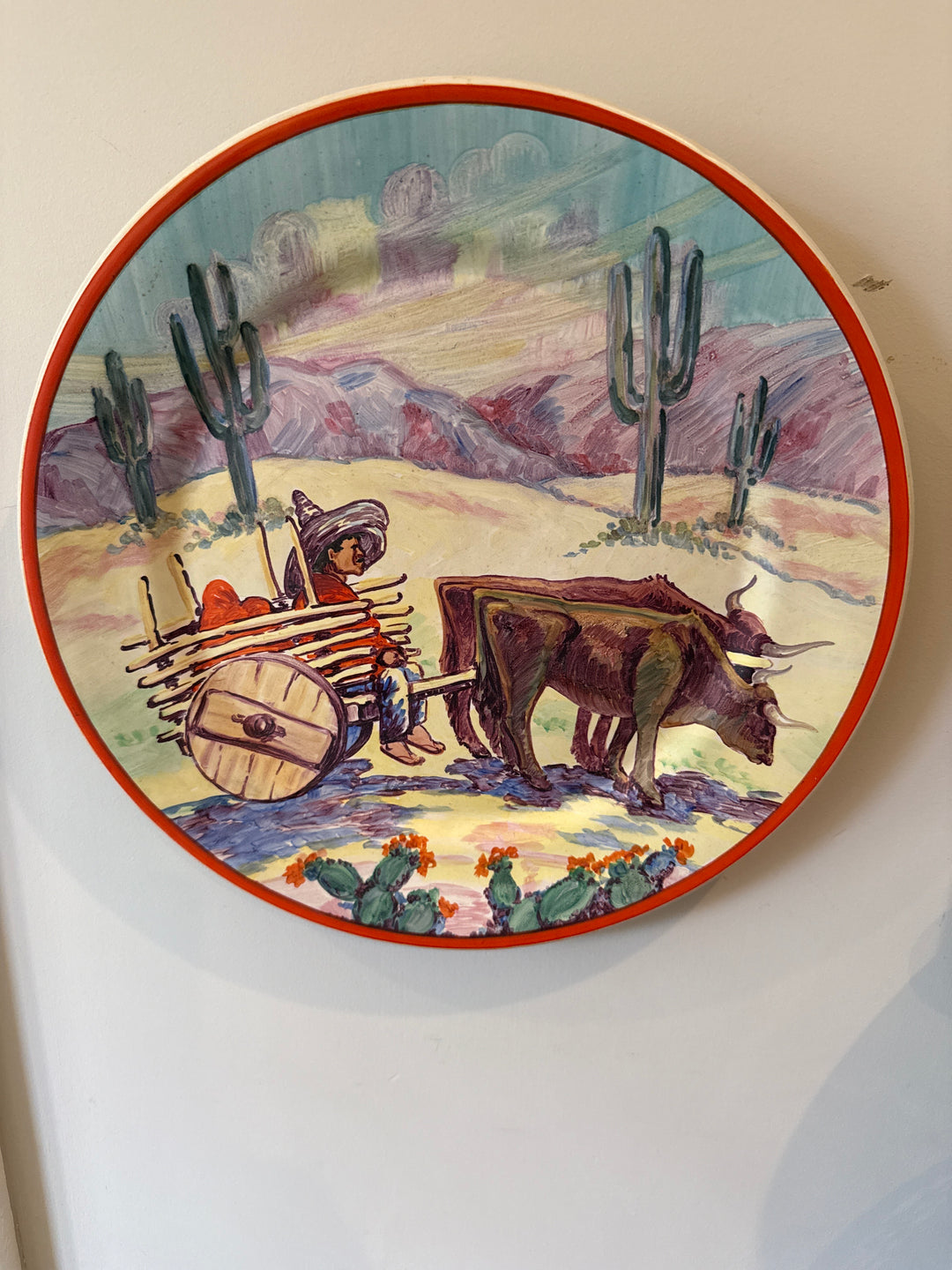 Catalina Artist Signed Oxen Cart Plaque