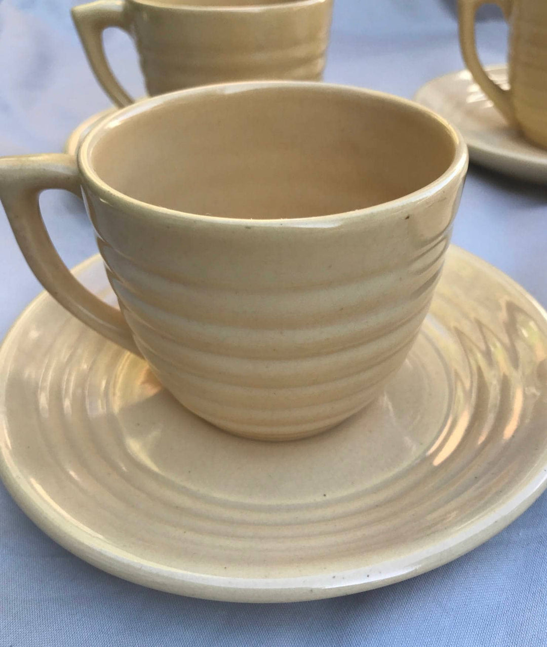 Bauer Ivory Coffee Cup and Saucer, Rare Glaze