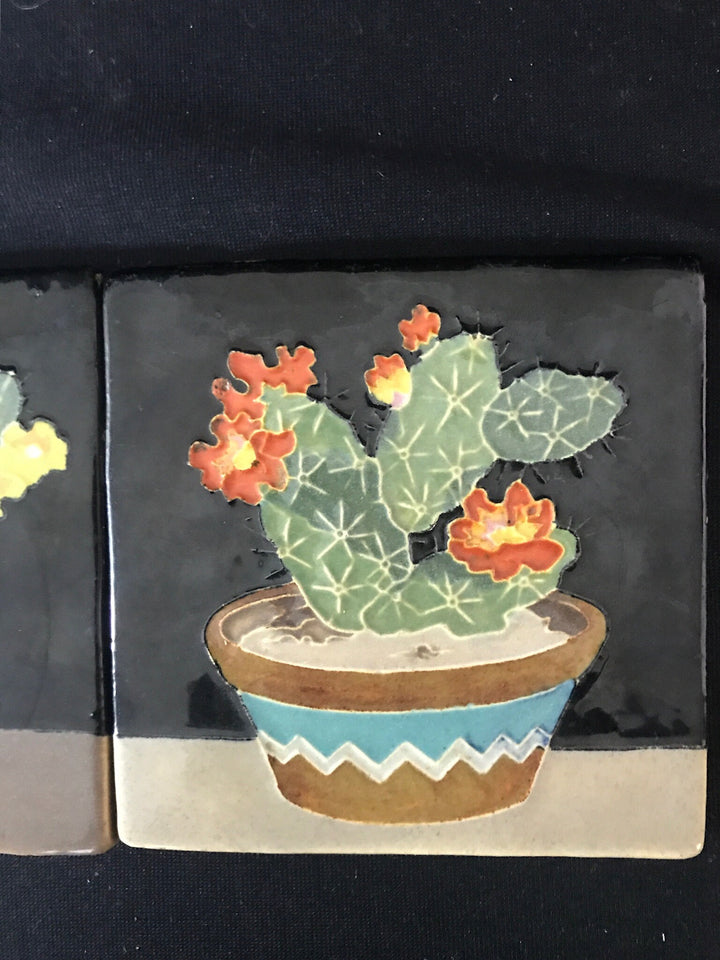 Set of 3 Rare Claycraft Cactus Tiles, Iron tabletop holder