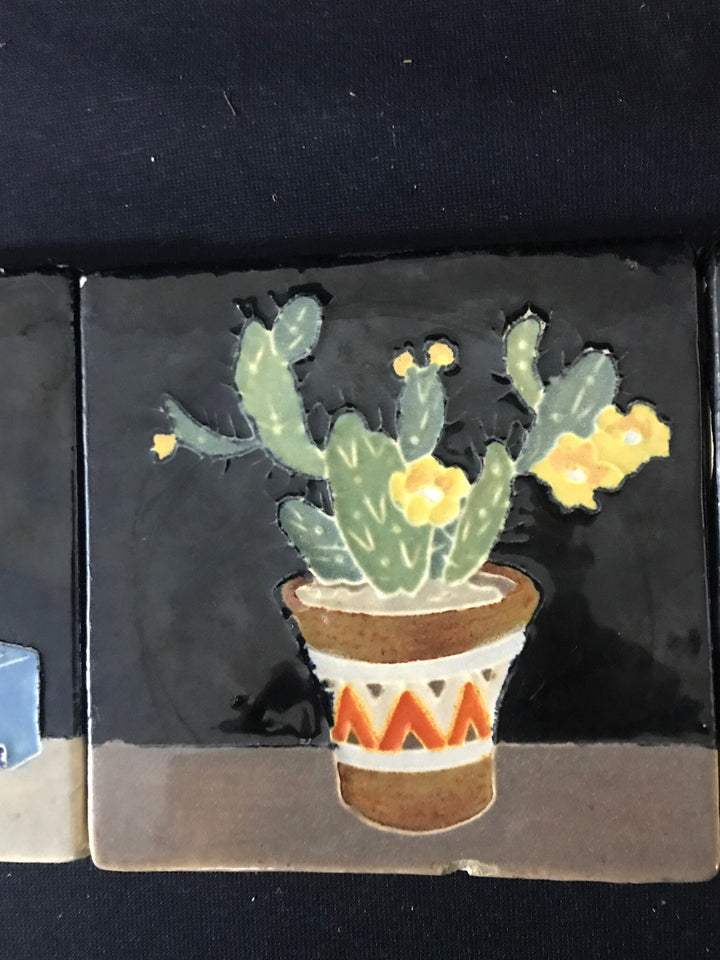 Set of 3 Rare Claycraft Cactus Tiles, Iron tabletop holder