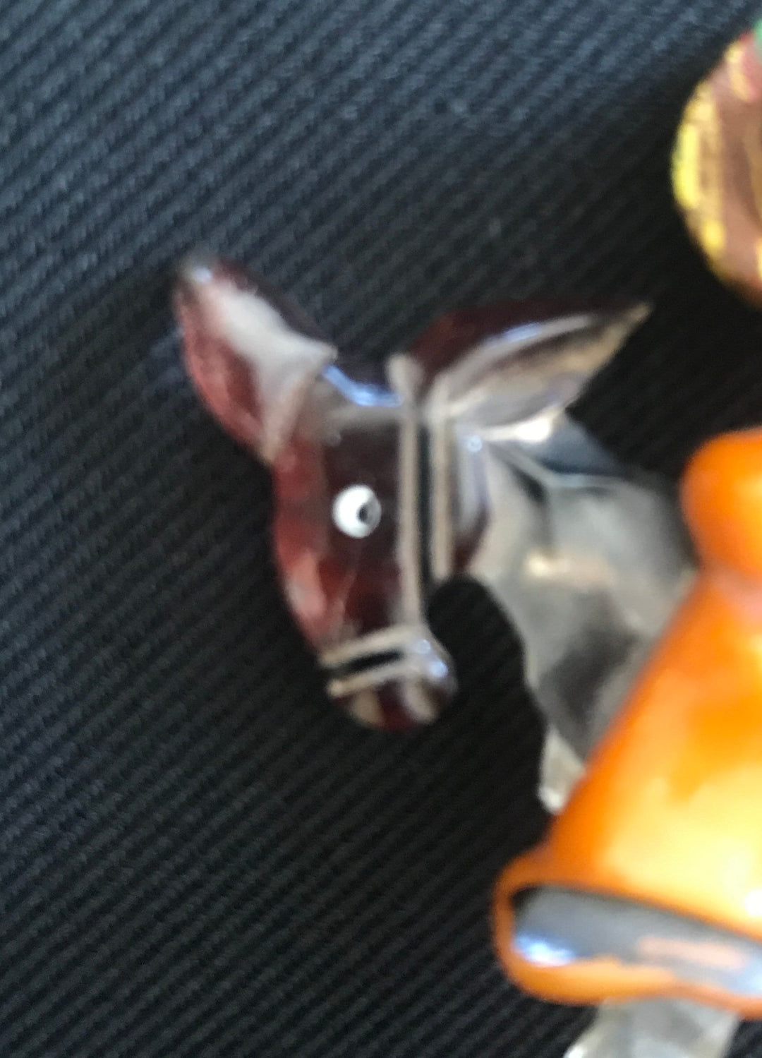 Vintage Bakelite, Lucite & wood Brooch with Señor riding a Burro, Mexicana