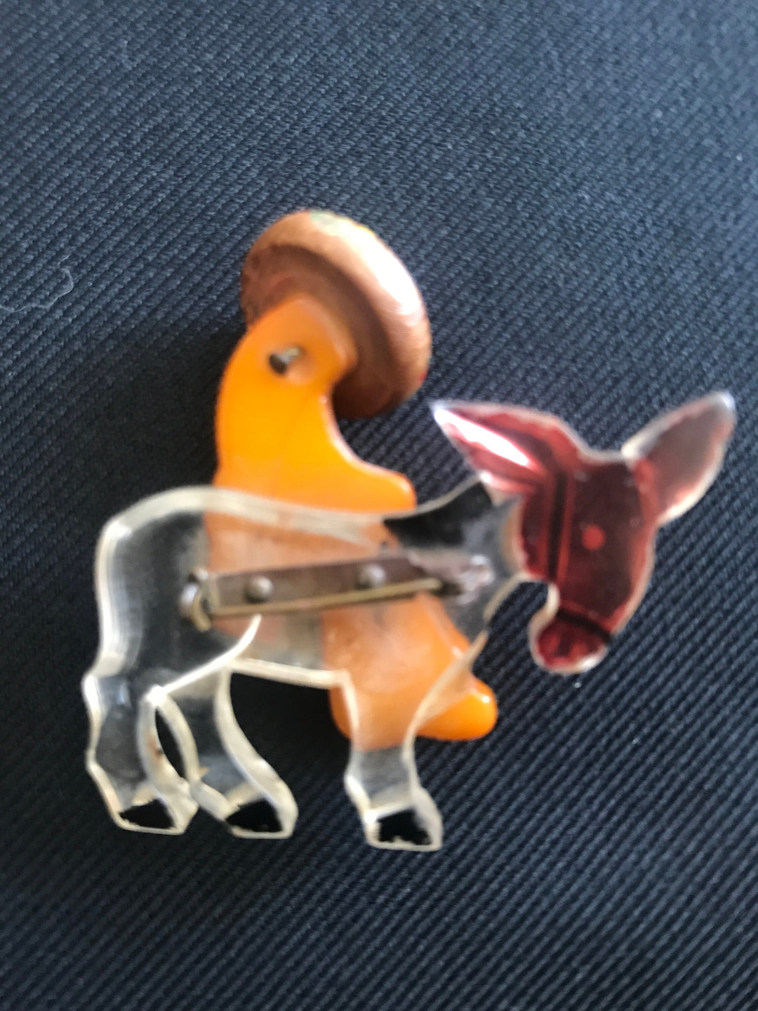 Vintage Bakelite, Lucite & wood Brooch with Señor riding a Burro, Mexicana