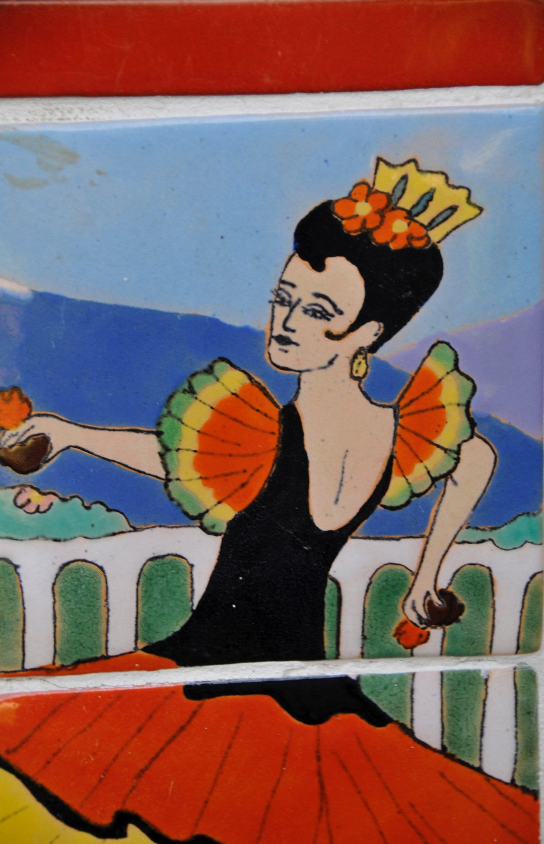 San José Workshops Scenic Tile Mural, Señorita Dancer, Wrought Iron