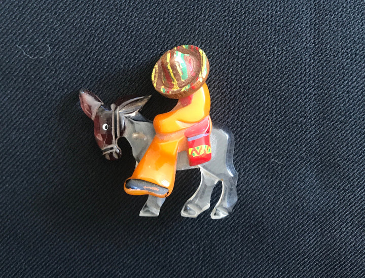Vintage Bakelite, Lucite & wood Brooch with Señor riding a Burro, Mexicana