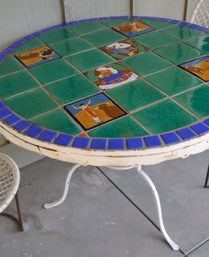 Huge San Jose Tile Patio Table, Wrought iron base, all original.