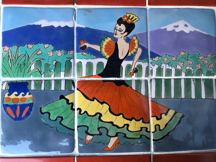 San José Workshops Scenic Tile Mural, Señorita Dancer, Wrought Iron