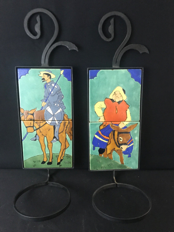 San Jose Workshops Pair of Wall Plaque Tile and Iron Flower Pot Holders, Don Quixote and Pancho Sanza