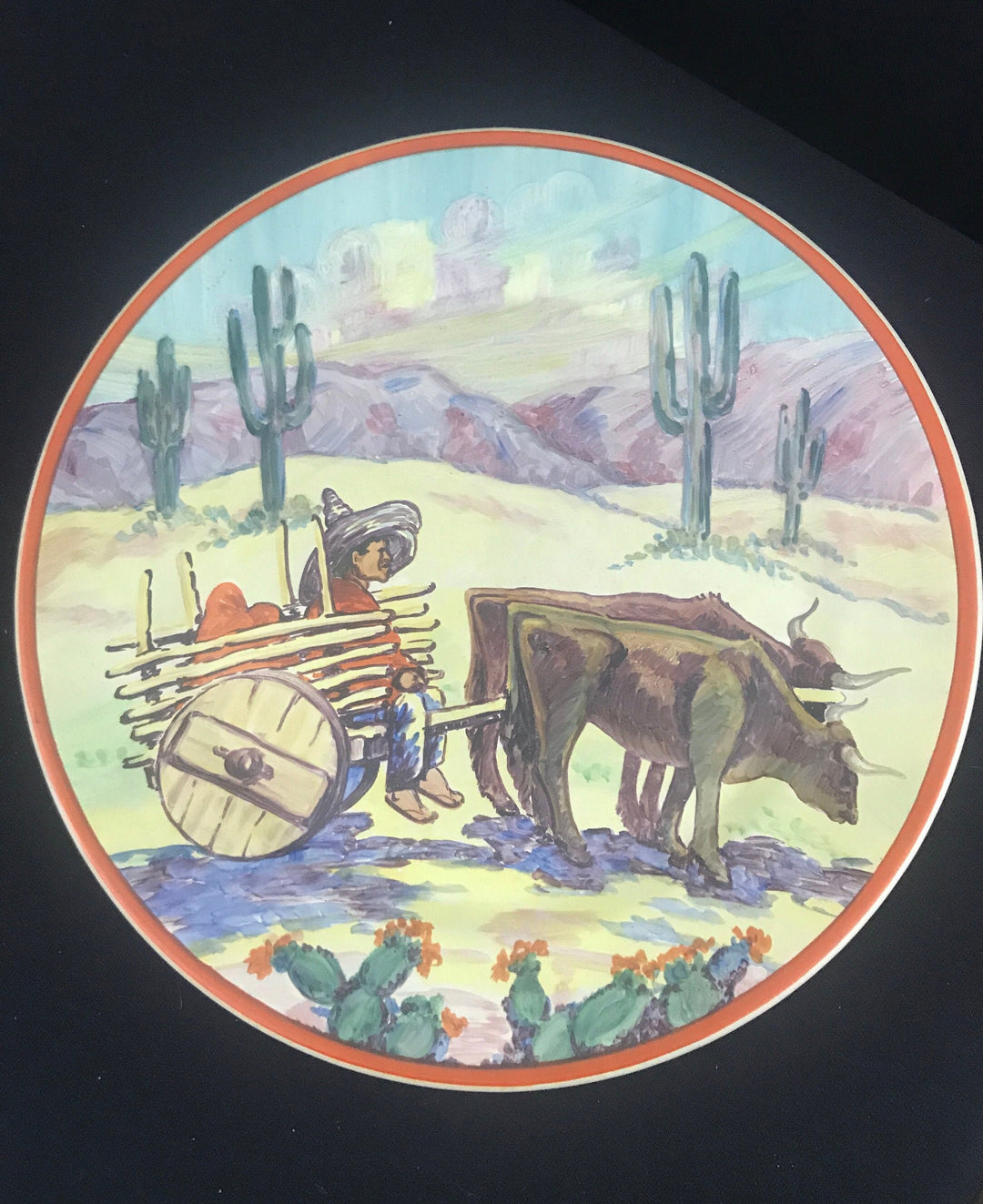 Catalina Artist Signed Oxen Cart Plaque