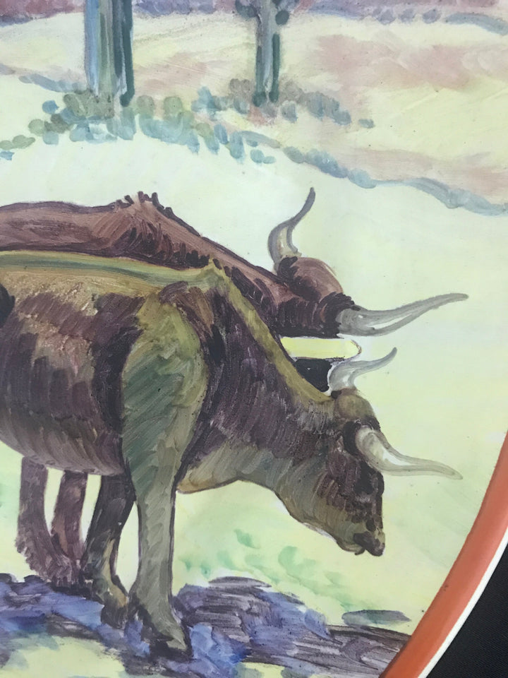 Catalina Artist Signed Oxen Cart Plaque