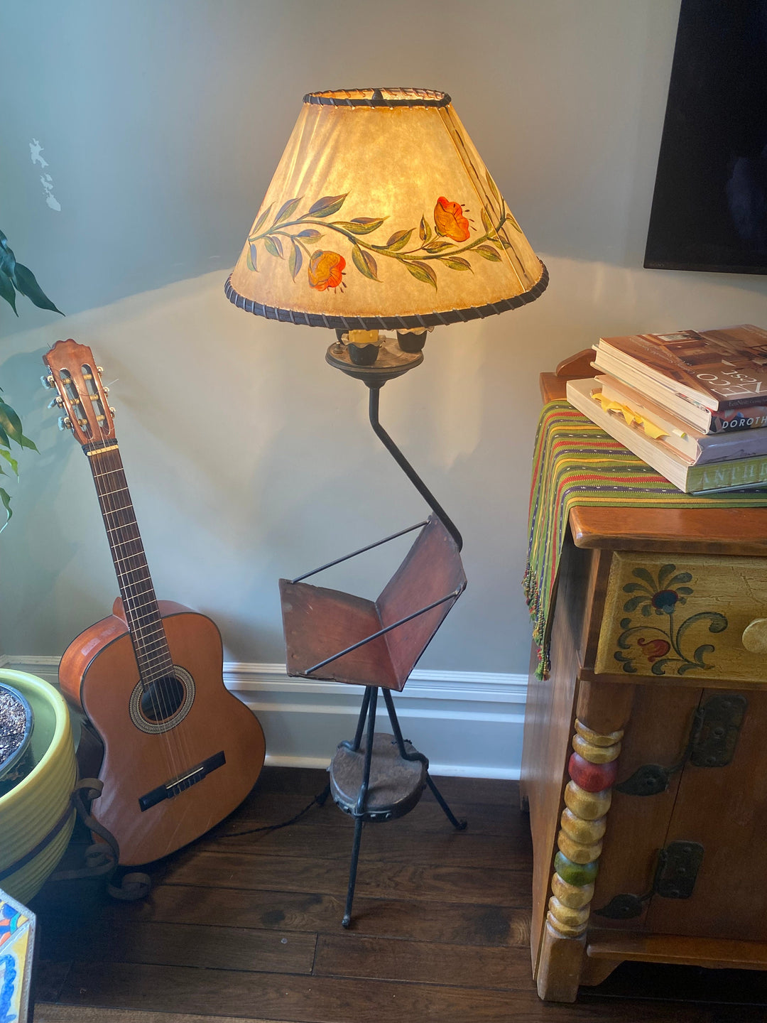 Monterey Furniture Old Wood Floor Lamp & bookshelf, Custom shade